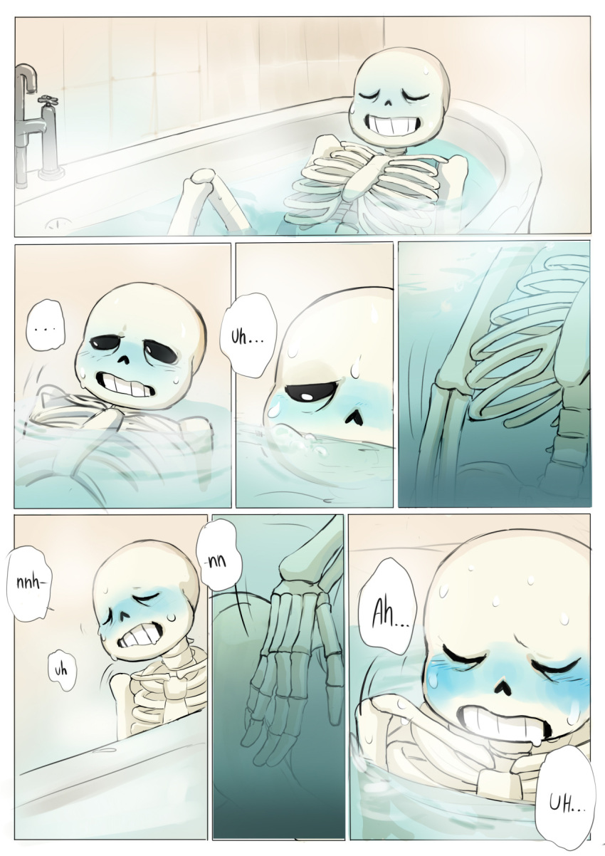 1boy 2010s 2d 2d_(artwork) animated_skeleton bathing bathroom bathtub blue_blush blush cheztnuts closed_eyes comic comic_page comic_panel completely_nude digital_media_(artwork) drooling english_text fingering fingering_self male male_masturbation male_only masturbation moaning monster nude rubbing sans sans_(undertale) sequence sequential skeleton solo_male speech_bubble sweat text text_bubble tumblr undead undertale undertale_(series) video_game_character video_games water