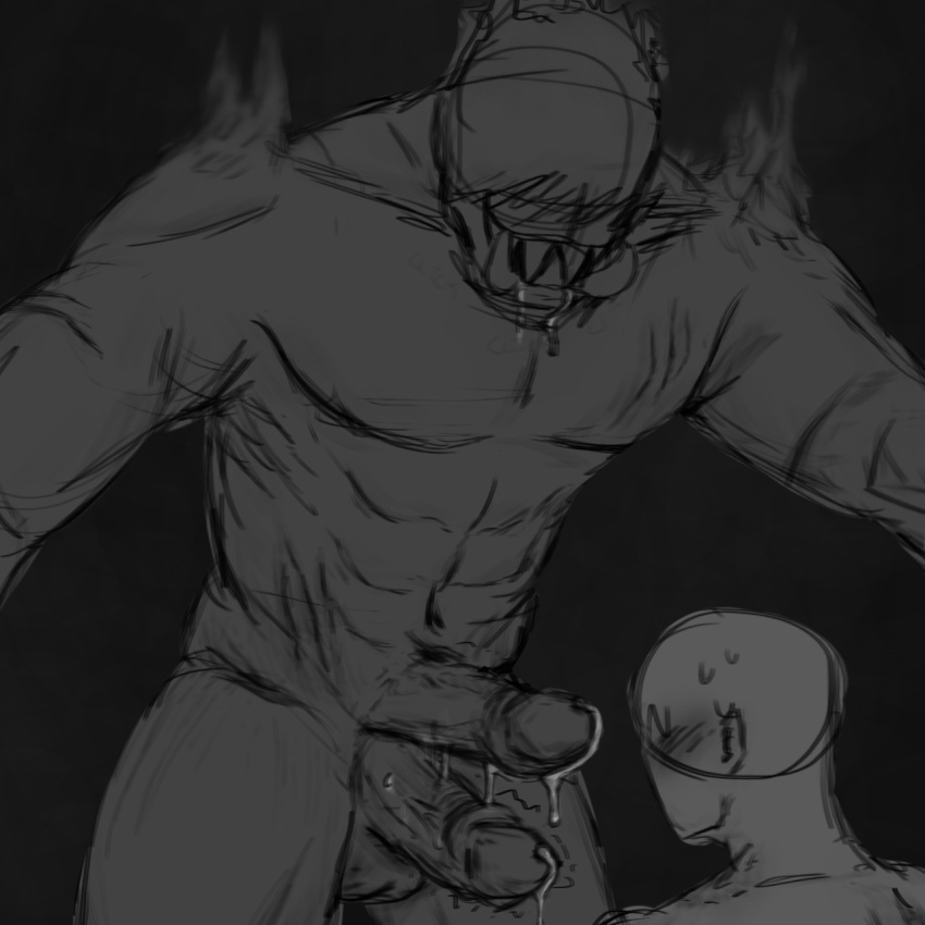 abs balls blush caught confrontation dark_grey_background drooling echo greyscale height_difference intimidation jd large_mouth leaking_precum lustful_gaze muscular_male naked_male nervous_sweat no_eyes non-human oc scars sharp_teeth size_difference towering_over tusks two_penises y/n