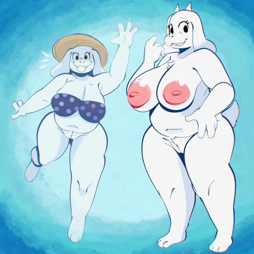 1:1 1:1_aspect_ratio 1girl 2020s 2021 absurd_res anthro anthro_only big_areola big_breasts big_nipples bikini bikini_top blue_background boss_monster bottomless bovid breasts caprine chubby clothed clothing color curvy_figure digital_media_(artwork) electricplasmid female_anthro female_only floppy_ears fur furry furry_female furry_only genitals gesture goat goat_ears goat_girl goat_horns gradient_background hat headgear headwear horn horns huge_breasts looking_at_viewer mammal monster monster_girl multiple_views nipples nude on_one_leg polka_dot_bikini potbelly purple_bikini pussy samoyena simple_background solo_anthro solo_female standing swimsuit swimwear toriel uncensored undertale undertale_(series) video_games waving white_body white_fur