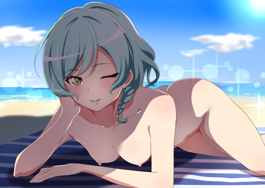 1girl 1girl 1girl aqua_hair arched_back ass bang_dream! beach braid breasts cheek_rest cloud cloudy_sky eyebrows_visible_through_hair green_eyes hand_on_own_cheek hikawa_hina lips looking_at_viewer lying medium_breasts medium_hair nipples nude ocean one_eye_closed sakamata sky smile striped tied_hair