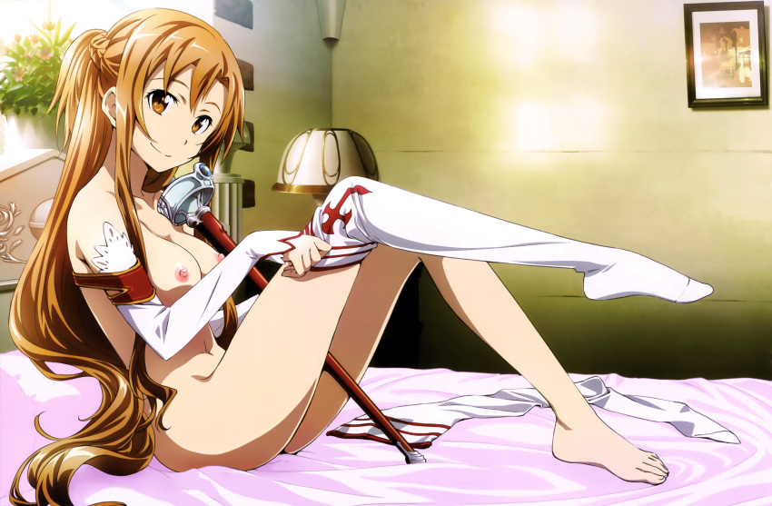 1girl alluring asuna_(sao) asymmetrical_legwear barefoot bed blush breasts brown_eyes brown_hair detached_sleeves feet half_updo high_resolution leaning_back legs long_hair long_legs looking_at_viewer medium_breasts nipples on_bed rapier single_thighhigh sitting smile socks stockings sword sword_art_online thighhighs_pull thighs third-party_edit tied_hair undressing very_high_resolution weapon white_legwear yuuki_asuna