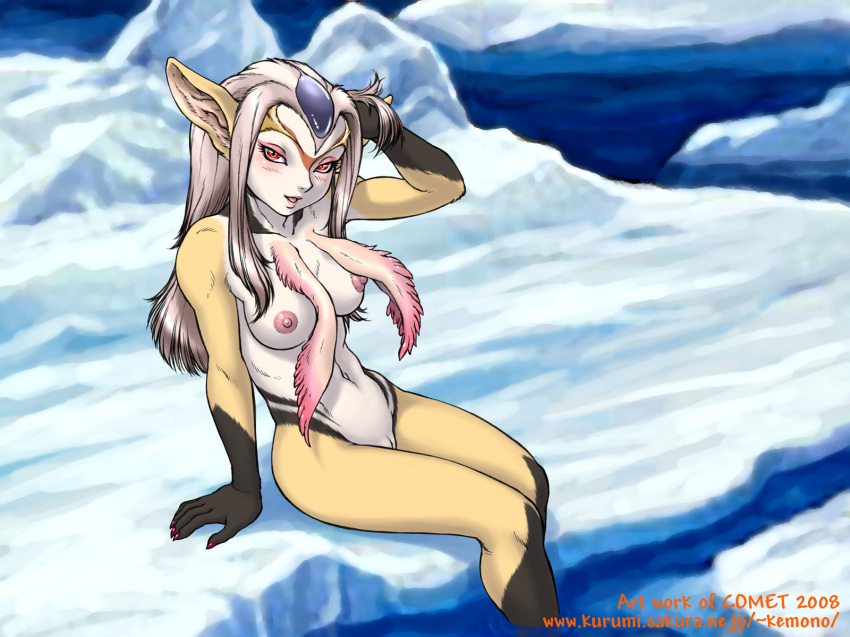 1girl animal_ears ao_no_6-gou belly blue_submarine_no_6 breasts claws dr_comet dr_comet_(artist) fur furry grey_hair hair highres ice kemono long_ears long_hair midriff monster_girl mutio nail_polish navel nipples nude open_mouth outdoors outside pointy_ears pussy red_eyes silver_hair snow solo water white_hair zenra