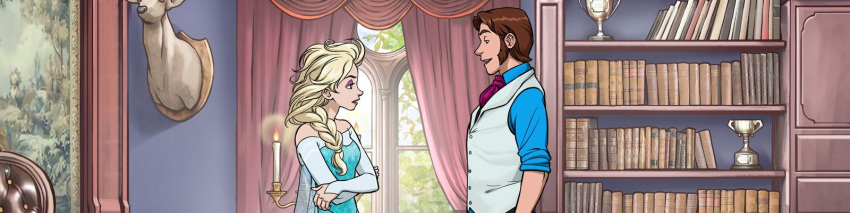 1boy 1girl bad_manners blonde blonde_hair braid clothed dress elsa elsa_(frozen) female frozen_(movie) hans indoors male prince_hans royalty single_braid standing