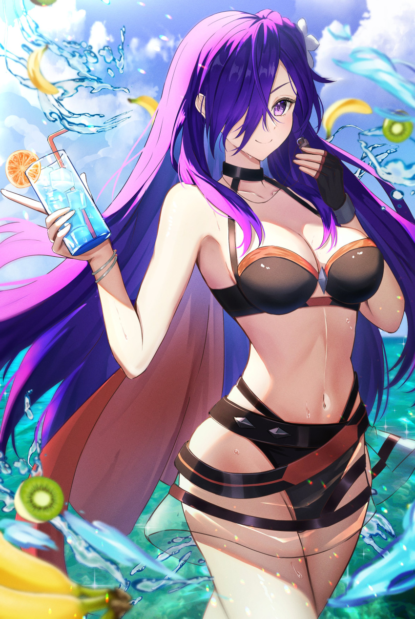 1girl 1girl 1girl alluring alternate_costume bare_thighs bikini black_bikini black_swimsuit bracelet choker cleavage drink female_only fingerless_gloves fire_emblem fire_emblem:_three_houses fire_emblem_heroes fire_emblem_warriors:_three_hopes fruit gao_kawa glass gloves hair_over_one_eye light-skinned_female light_skin long_hair looking_at_viewer medium_breasts navel nintendo ocean official_alternate_costume outside purple_eyes purple_hair shez_(fire_emblem) shez_(fire_emblem)_(female) shez_(summer)_(fire_emblem) single_glove smile swimsuit thighs very_long_hair water wet whistle