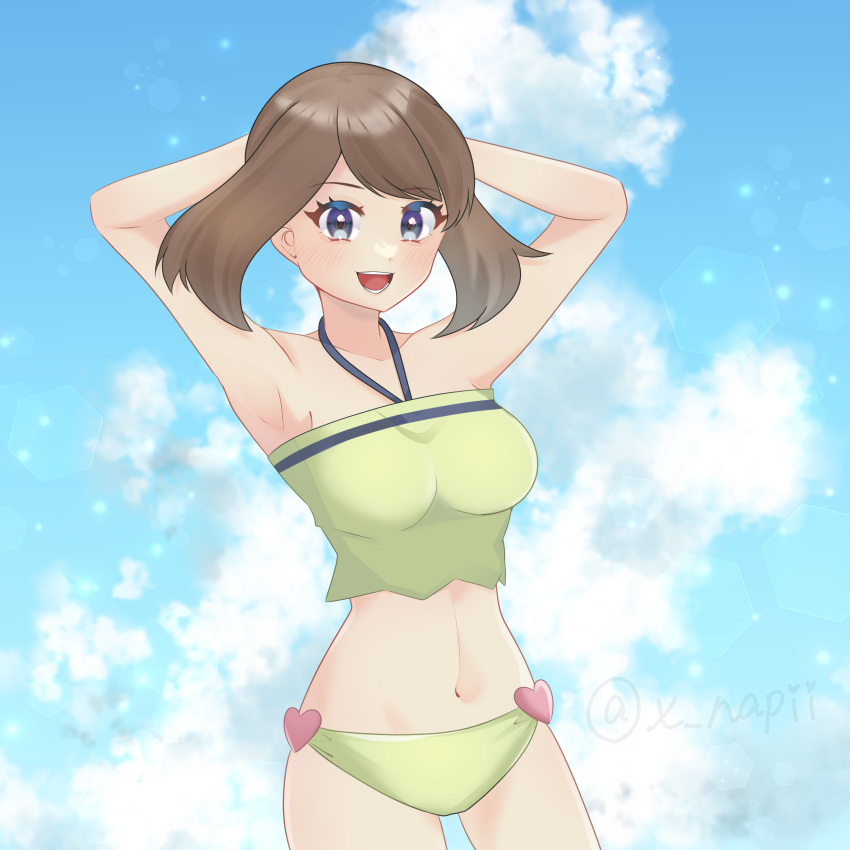 1girl alluring big_breasts bikini blue_eyes brown_hair haruka_(pokemon) may may_(pokemon) nano_(artist) nintendo pokemon pokemon_(anime) posing