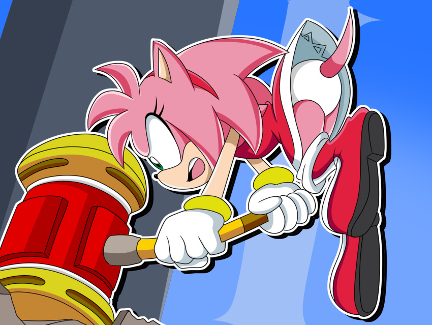 1girl amy_rose anthro female_only furry green_eyes hammer hedgehog mallet panties pantyshot piko_piko_hammer pink_body sega sonic_the_hedgehog_(series) underwear upskirt white_panties