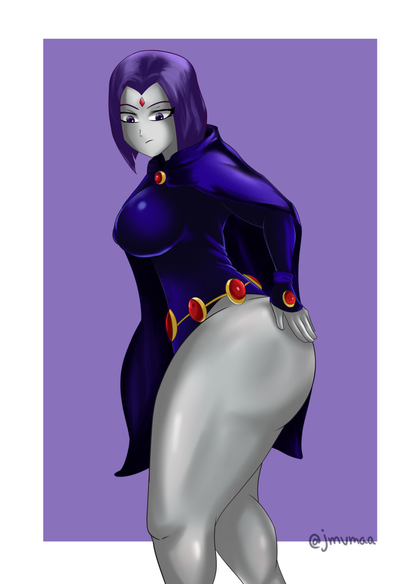 1girl 1girl 1girl ass ass_grab big_ass big_breasts breasts cape dc_comics eyebrows female_only forehead_jewel grey_skin hand_on_ass jmvmaa leotard long_sleeves pale-skinned_female pale_skin purple_background purple_eyes purple_hair raven_(dc) serious side_view sideboob solo_female teen_titans thick_thighs thighs tight_clothes tight_clothing tight_shirt white_border