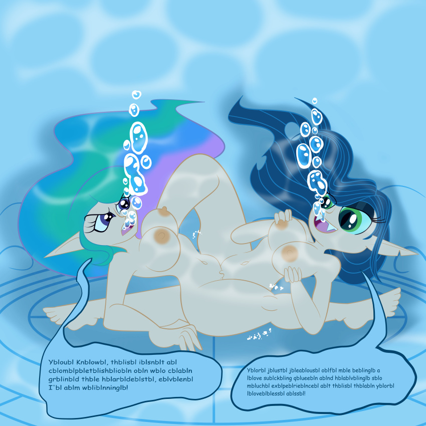 2_girls 2girls aquaphilia belly_button breasts bubble colored dialogue elf_ears female female_only fetish flat_colors friendship_is_magic hasbro humanized muffled_words my_little_pony nipples nudity princess_celestia princess_celestia_(mlp) queen_chrysalis queen_chrysalis_(mlp) sex show_accurate the1stmoyatia tribadism underwater underwater_sex water yuri