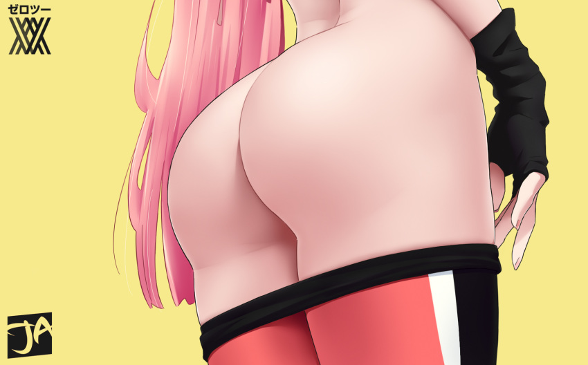 1girl 1girl 1girl ass ass_focus close-up darling_in_the_franxx fingerless_gloves gloves high_resolution j_adsen long_hair pants_pull pink_hair signature simple_background straight_hair underwear yellow_background zero_two_(darling_in_the_franxx)