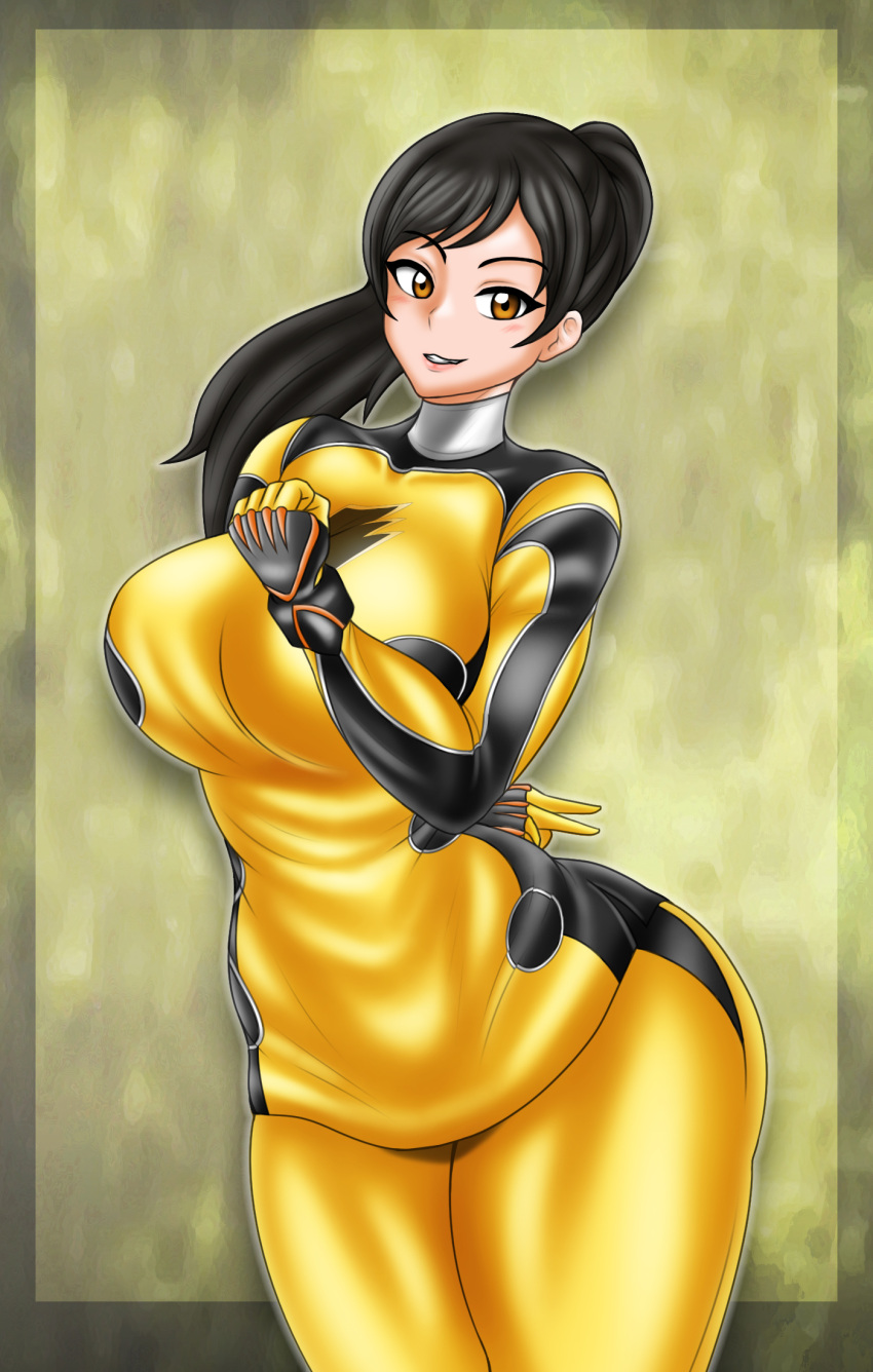 1girl alluring big_breasts black_hair bodysuit brown_eyes juuken_sentai_gekiranger no_headwear pin_up super_sentai treezero uzaki_ran