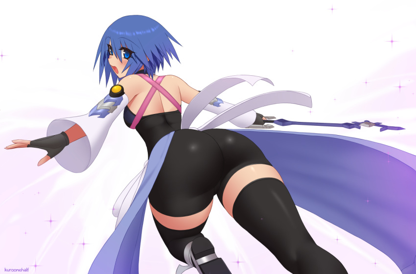 aqua_(kingdom_hearts) ass big_ass big_breasts breasts dat_ass female keyblade kingdom_hearts kuroonehalf looking_at_viewer looking_back solo weapon