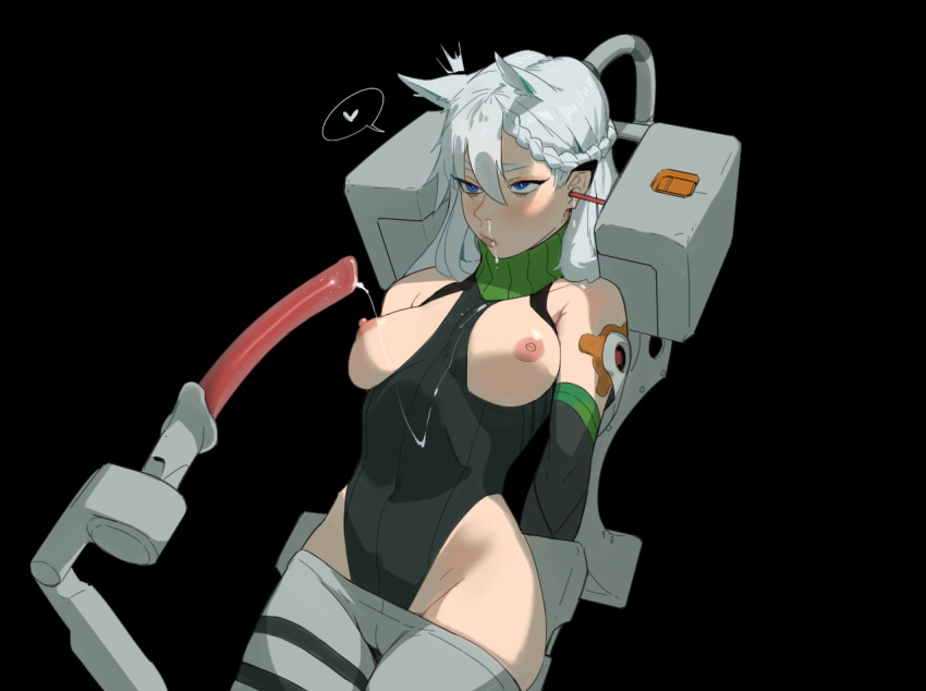 1girl 1girl 1girl animal_ears areola arms_behind_back asymmetrical_hair asymmetrical_pants bangs bare_shoulders big_breasts black_background black_leotard blue_eyes blush braid breasts breasts_out_of_clothes choker closed_mouth crotch_seam dripping eyes_rolled_back girls_frontline green_choker grey_hair grey_pants hair_between_eyes hair_ears heart highleg highleg_leotard hirundo_rustica ksvk_(girls_frontline) leotard lips long_hair machinery mimikaki nipples nose_blush pants puffy_areolae ribbed_leotard sexually_suggestive skin_tight speech_bubble spoken_heart suggestive_fluid tied_hair