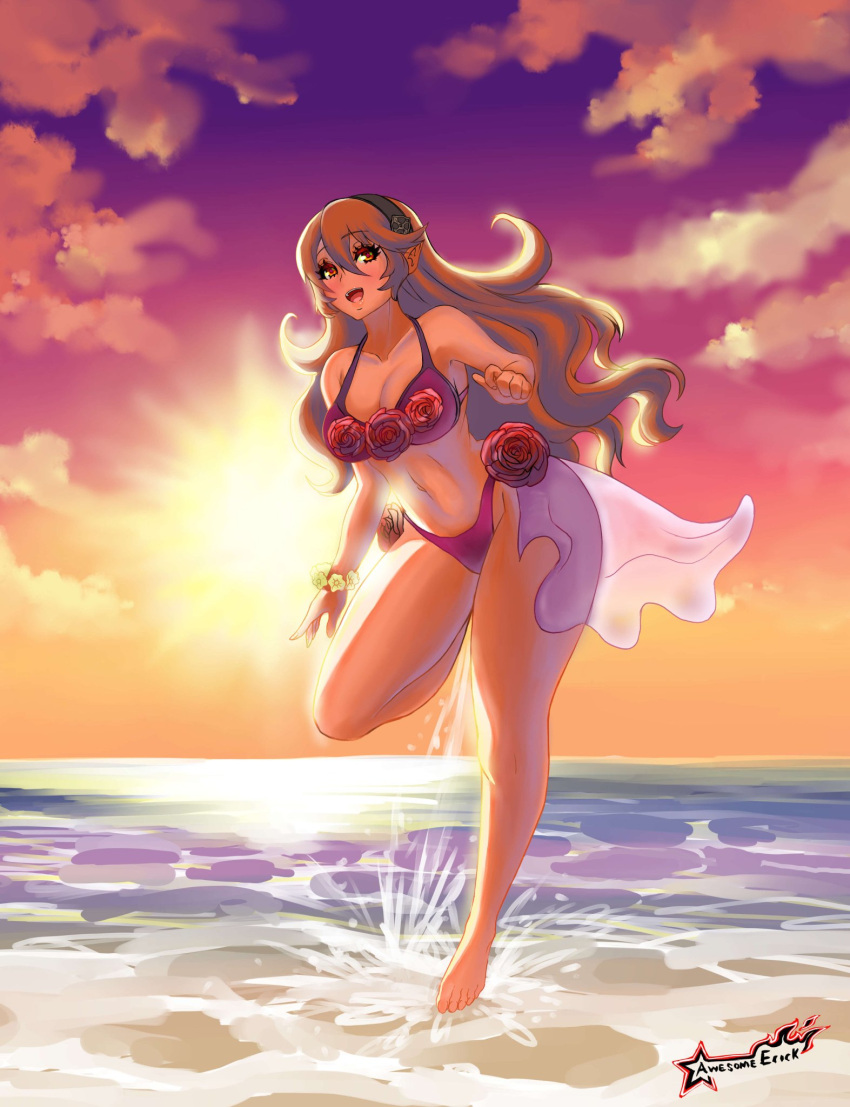 1girl alluring alternate_costume awesomeerix bare_legs beach big_breasts bikini breasts cleavage corrin_(fire_emblem) corrin_(fire_emblem)_(female) female_only fire_emblem fire_emblem_fates hair_between_eyes long_hair nintendo ocean open_mouth pointy_ears purple_bikini purple_swimsuit red_eyes running smile sunset swimsuit