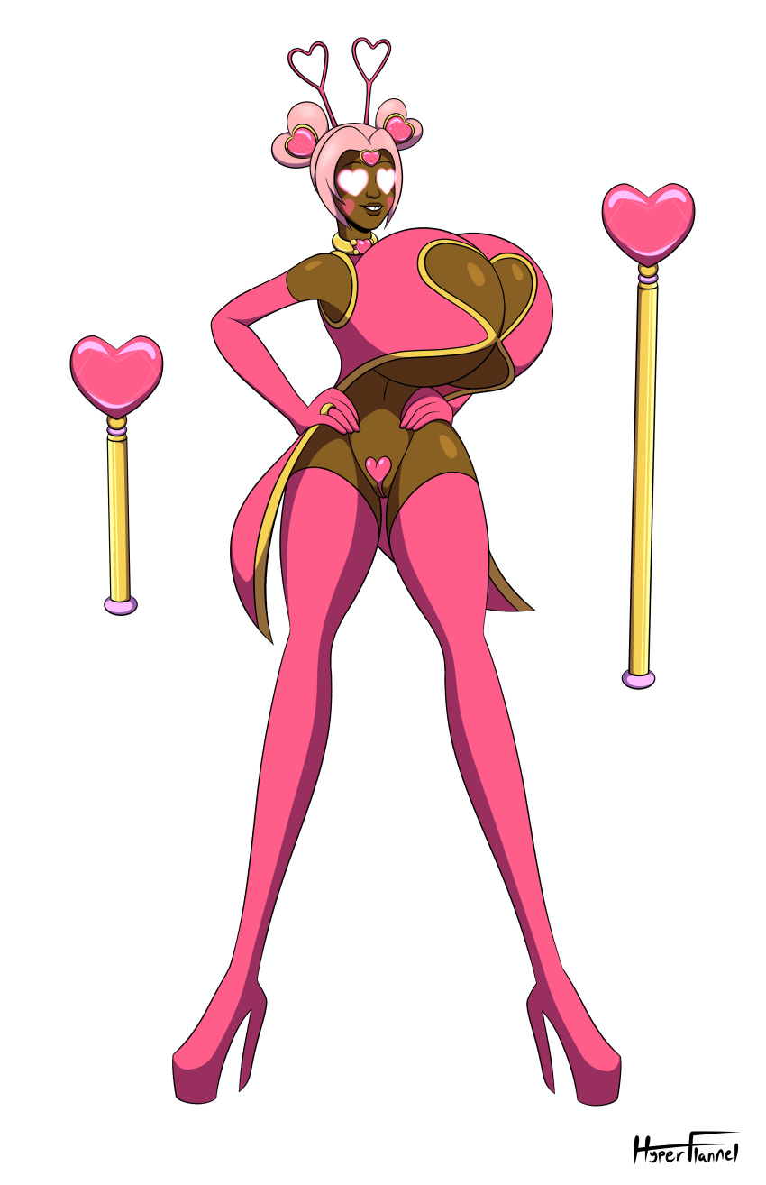 choker cleavage cleavage_cutout commission female heart heart_antennae heart_birthmark heart_buns heart_c-string heart_cleavage_cutout heart_eyes heart_gem hyperflannel magical_girl original original_character smile solo staff wand weapon xubori_ki