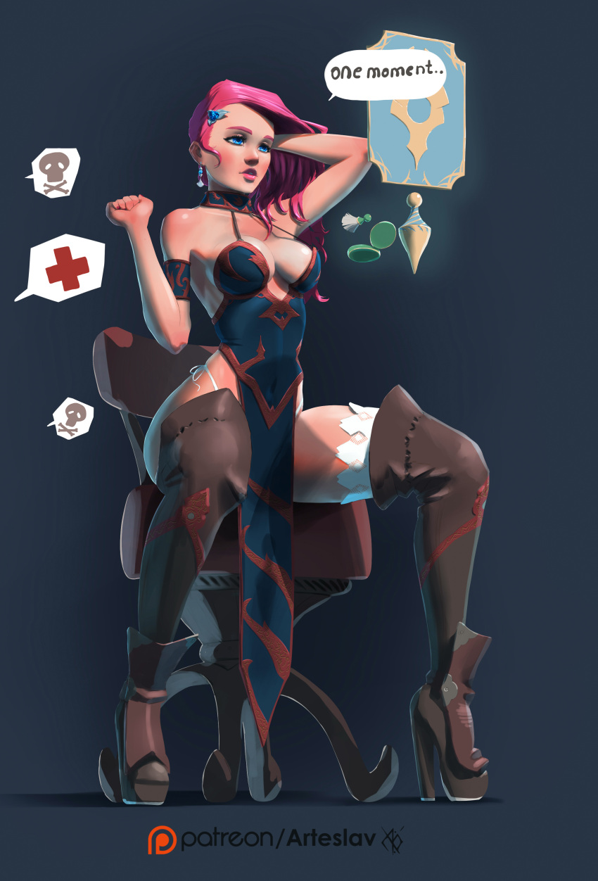 arteslav beauty big_breasts blue_eyes boots choker earrings healer heeled_boots high_heels legs_spread long_boots long_hair open_legs pink_hair rpg sitting spread_legs text_bubble