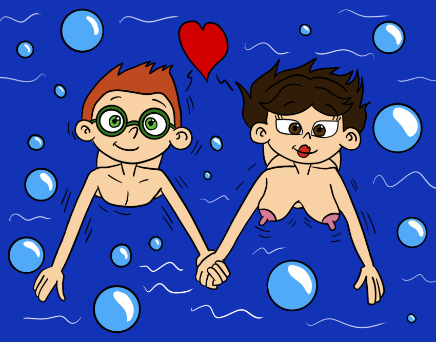 1boy 1girl aged_up artist_request black_hair breasts brown_nipples bubbles disney disney_channel eyelashes feet grown_up june_(little_einsteins) leo_(little_einsteins) little_einsteins navel ocean orange_hair penis skinny_dipping tagme underwater