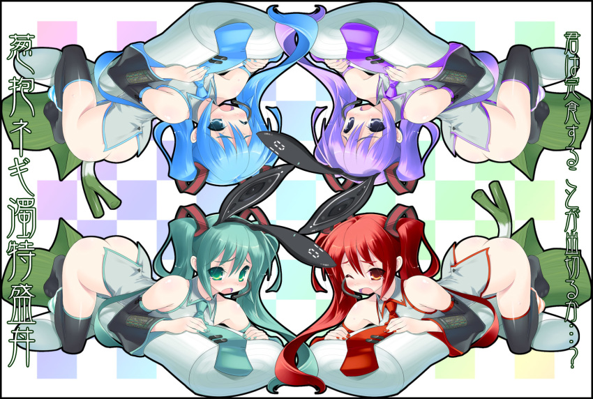 alternate_color amasa_mitsunaru checkered colorful hatsune_miku highres microphone miku_hatsune necktie no_panties thighhighs vocaloid