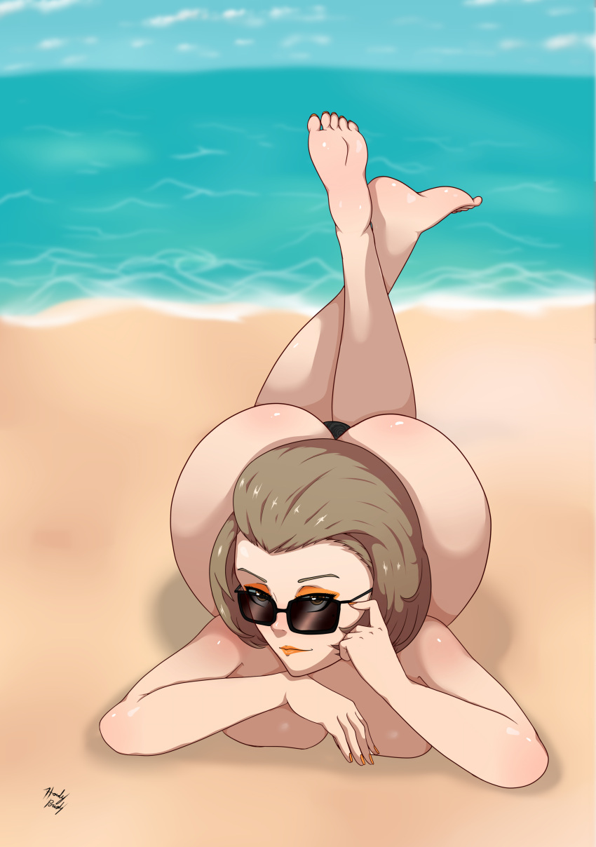 1girl ass barefoot beach big_ass big_breasts bikini_bottom black_panties bob_cut breasts clothing eyeshadow feet female_focus female_only fire_emblem fire_emblem:_three_houses hair hound_wolf large_ass lipstick looking_at_viewer lying lying_on_stomach makeup manuela_casagranda mature mature_female nintendo on_stomach orange_eyeshadow orange_lipstick panties short_hair solo_female solo_focus sunglasses tagme the_pose topless video_game_character video_game_franchise video_games