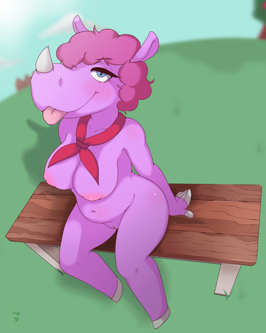 1girl 1girl absurd_res animal_crossing anthro ascot breasts female/female genitals high_res horn hound_wolf humanoid mammal navel nintendo nipples nude outside pussy renée_(animal_crossing) renee_(animal_crossing) rhinocerotoid sitting slightly_chubby smile tongue tongue_out video_games