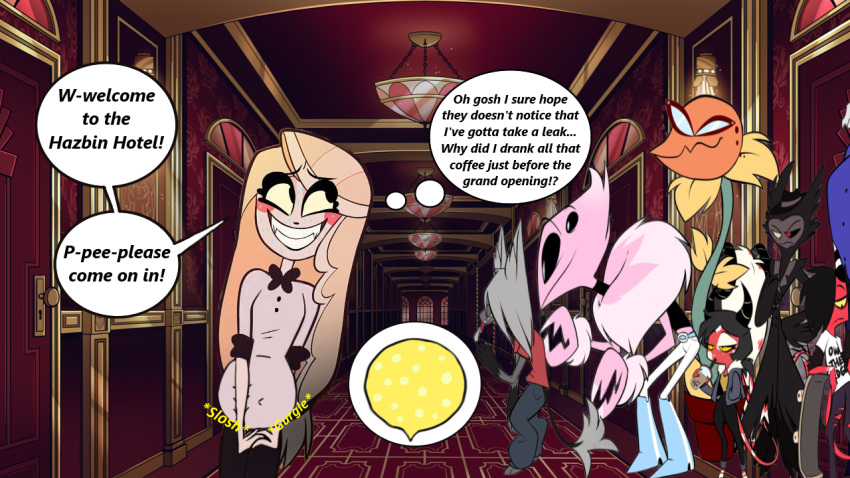 1girl big_belly charlie_morningstar_(hazbin_hotel) dialogue edit english_text full_bladder hazbin_hotel need_to_pee omorashi speech_bubble text thought_bubble