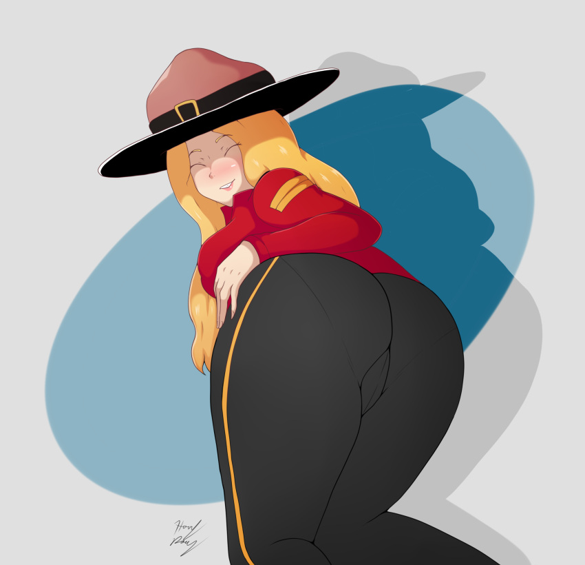 1girl ass big_ass big_breasts blonde_hair blue_eyes blush bottomwear calgary_callie canada canadian closed_eyes headwear hound_wolf human long_hair mountie original original_character outerwear pale_skin pantylines police rcmp royal_canadian_mounted_police thick_ass tight_pants topwear uniform