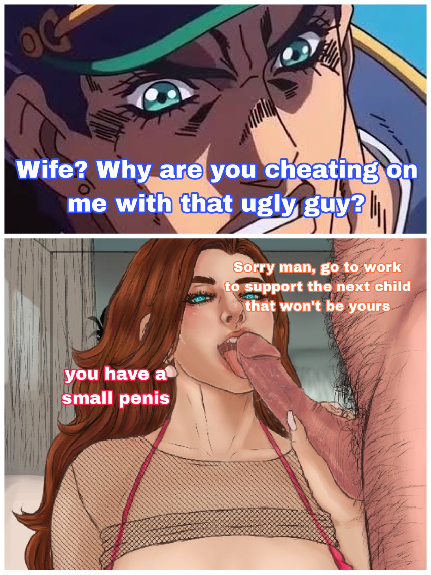 1girl cheating_wife cuckold fellatio hetero humiliation jojo's_bizarre_adventure jotaro_kujo jotaro_kujo_(pt6) malen milf oral penis small_penis_humiliation straight