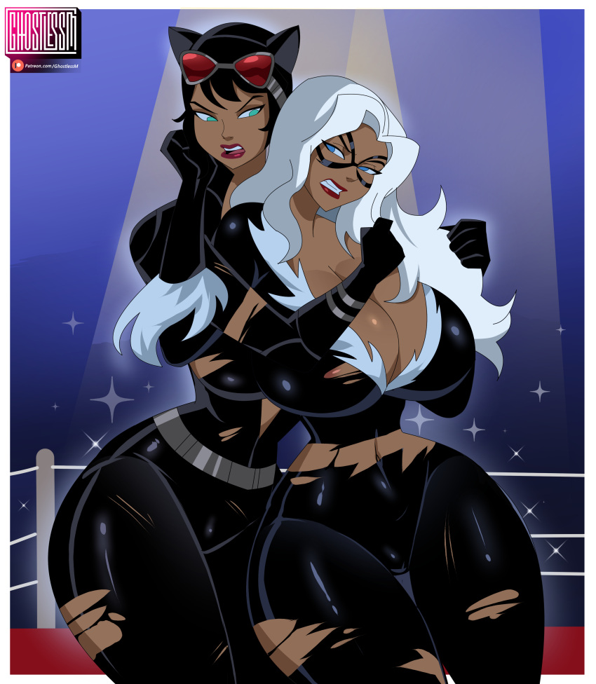 2_girls black_cat_(marvel) bodysuit catwoman crossover dc_comics ghostlessm goggles_on_head marvel mask torn_clothes white_hair