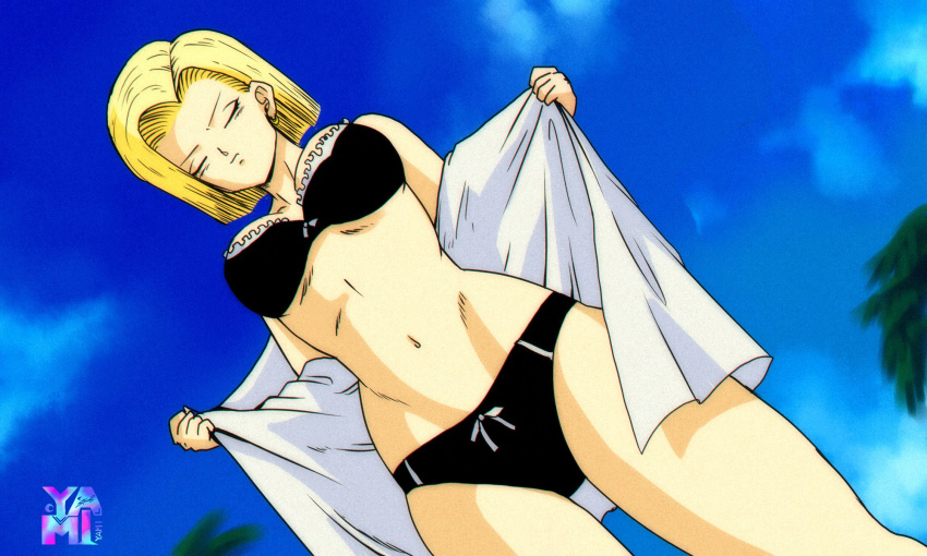 1girl 1girl android_18 bikini blonde_hair dragon_ball nude panties sex_invitation sexually_suggestive short_hair