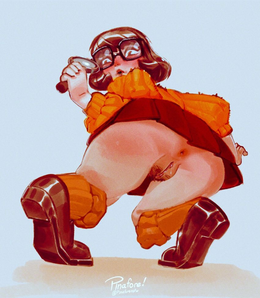 1girl anus ass female glasses hanna-barbera magnifying_glass miniskirt no_panties no_underwear pinaforensfw pubic_hair pussy pussy_juice_drip scooby-doo shoes skirt socks solo sweater upskirt velma_dinkley