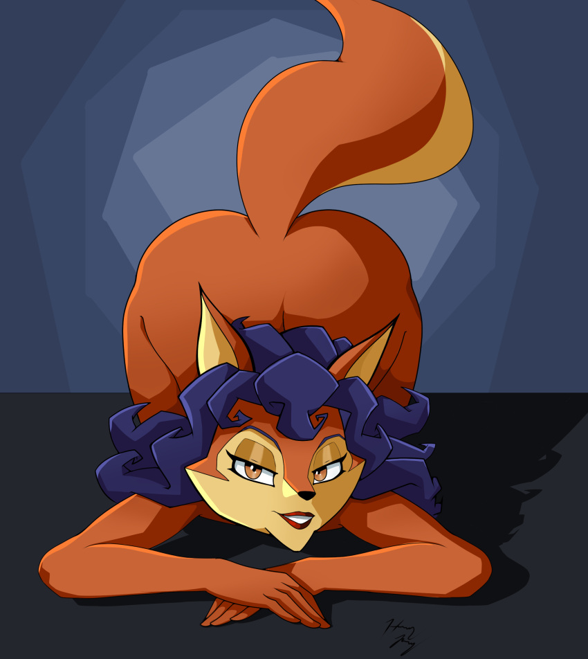 1girl 1girl absurd_res all_fours anthro ass_up bedroom_eyes blue_hair canid canine carmelita_fox female/female fox fox_tail fur hair high_res hound_wolf humanoid lipstick looking_at_viewer makeup mammal narrowed_eyes orange_body orange_fur seductive sly_cooper_(series) smile smooth_fur sony_corporation sony_interactive_entertainment sucker_punch_productions video_games