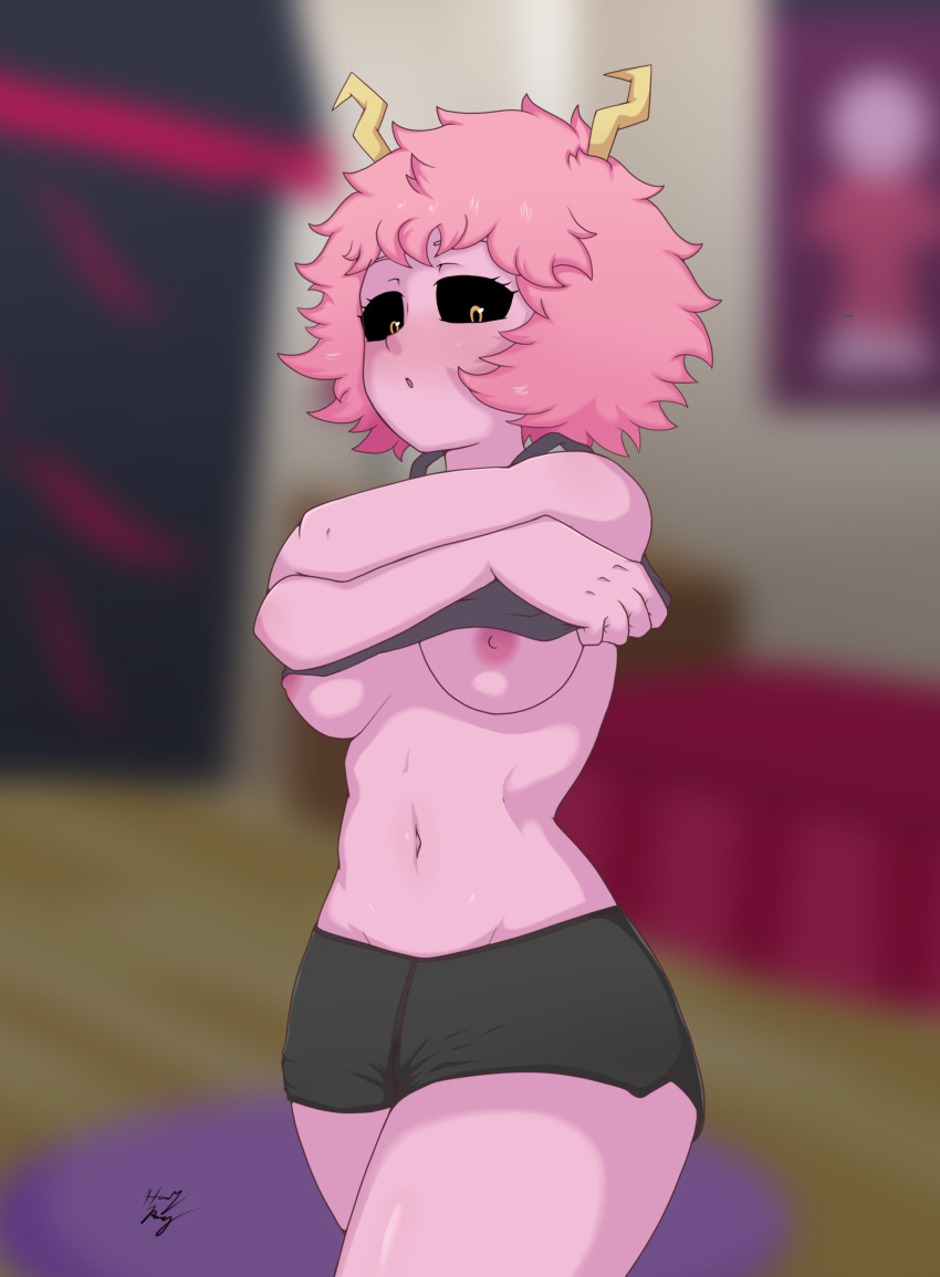 1girl areola big_breasts black_sclera breasts clothing female_only hair hound_wolf mina_ashido my_hero_academia nipples pink_hair pink_skin shirt shirt_lift shorts signature undressing yellow_eyes