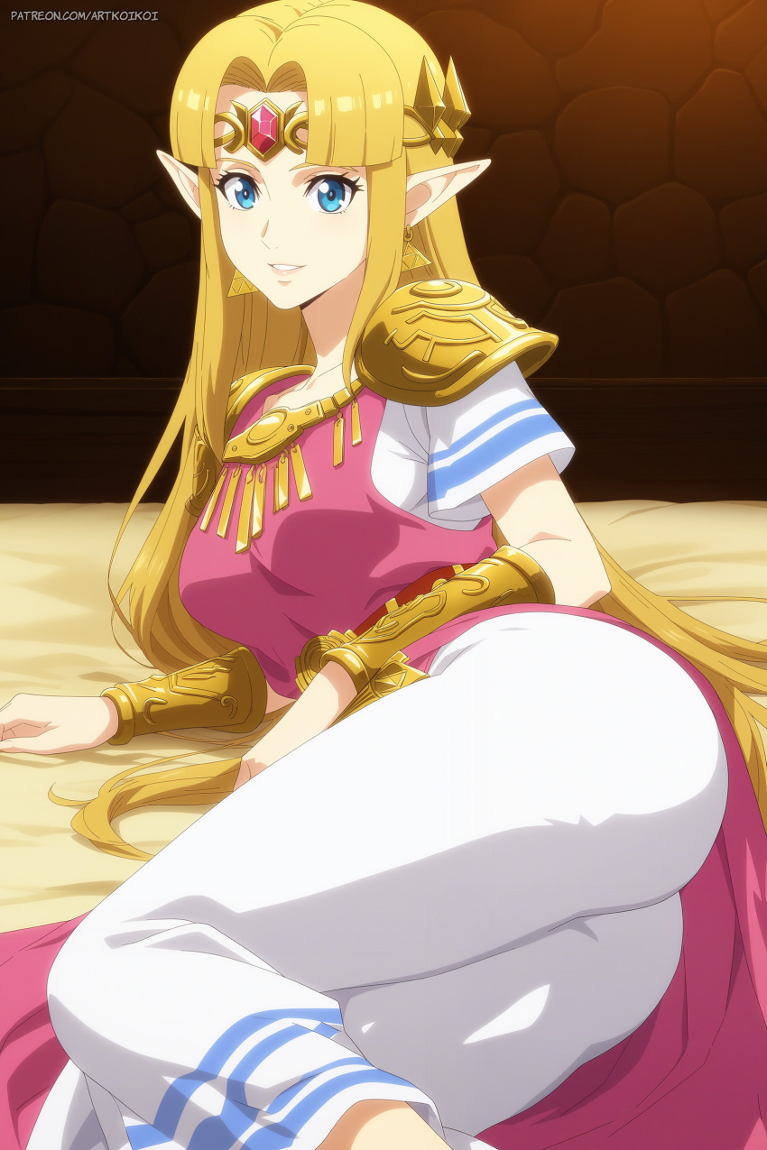 1girl alluring bed blonde_hair blue_eyes cape clothed dress gold koikoi_(artist) nintendo on_bed pin_up princess_zelda sash shoulder_pads the_legend_of_zelda the_legend_of_zelda:_a_link_between_worlds tiara zelda_(a_link_between_worlds)