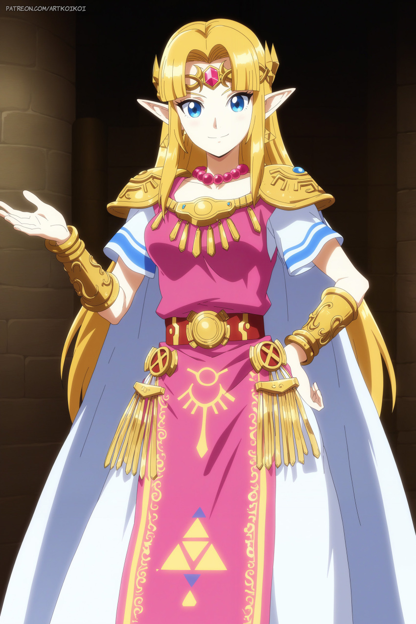 1girl alluring blonde_hair blue_eyes cape clothed dress gold koikoi_(artist) nintendo pin_up princess_zelda sash shoulder_pads the_legend_of_zelda the_legend_of_zelda:_a_link_between_worlds tiara zelda_(a_link_between_worlds)