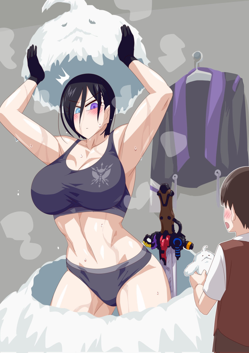 1boy 1girl alluring athletic athletic_female blue_eyes female_abs fit_female kanisuka_rita mascot mascot_costume multicolored_eyes ohsama_sentai_king-ohger otokam1117 sports_bra steam steaming_body super_sentai superheroine sweat sweatdrop undressing