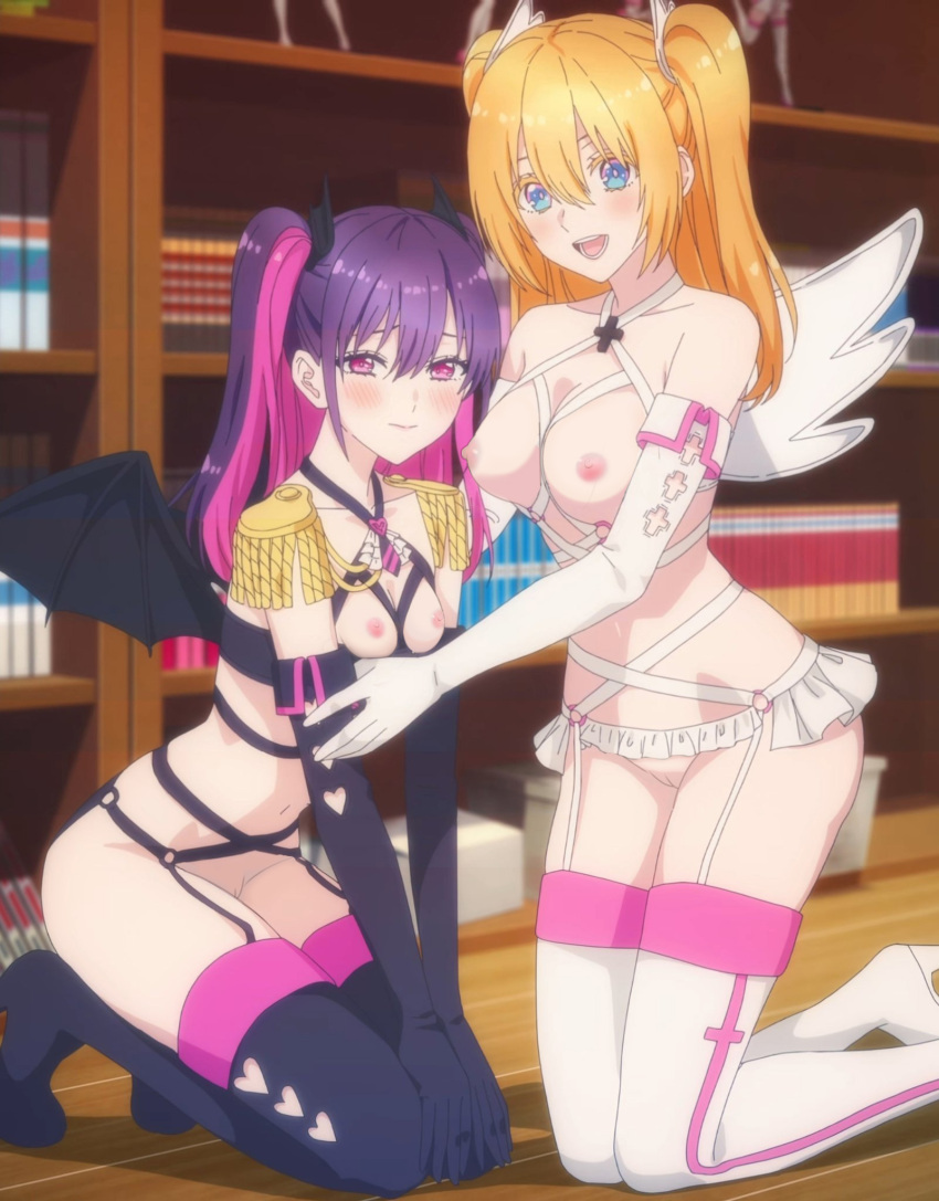 2.5_jigen_no_ririsa 2_girls amano_ririsa angel_wings big_breasts black_thighhighs blonde_hair blue_eyes cosplay cosplaying edit gloves long_boots long_hair looking_at_viewer multicolored_hair nekom14 no_bra no_panties purple_eyes purple_hair pussy screencap small_breasts tachibana_mikari twin_tails