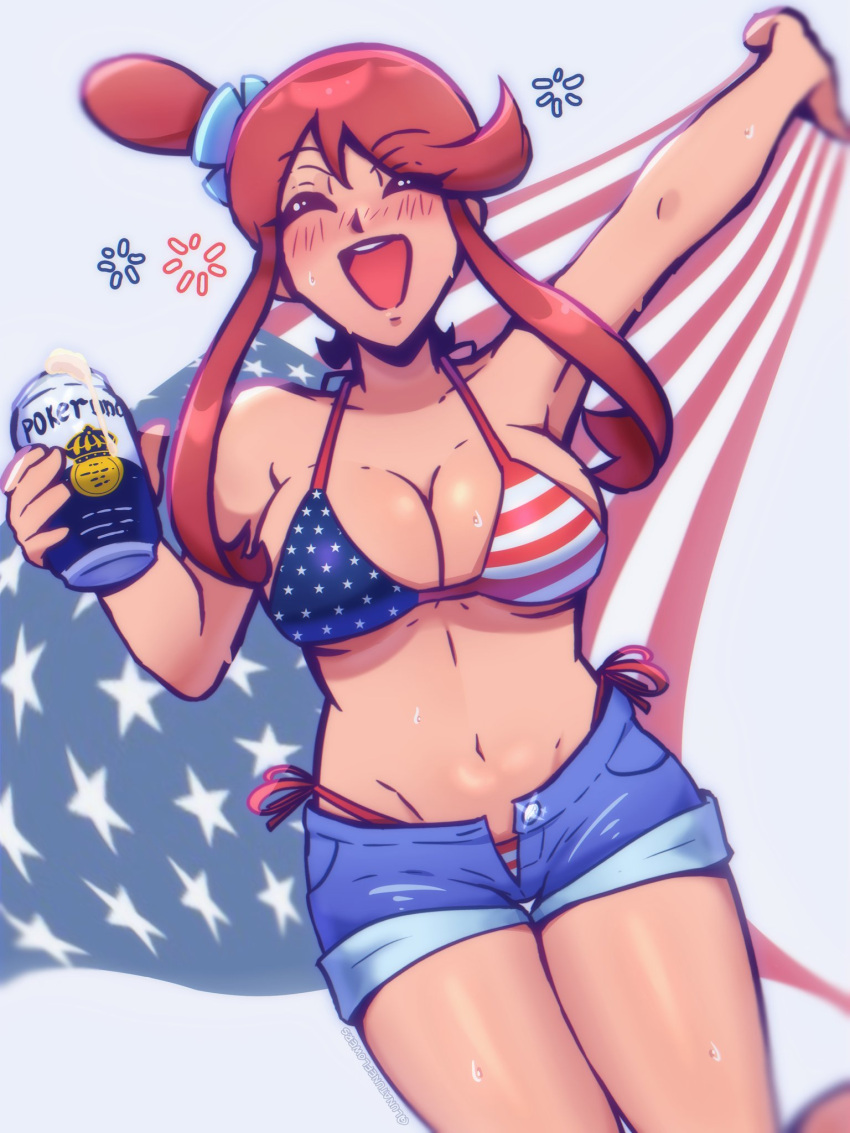 1girl american_flag american_flag_bikini american_flag_print big_breasts bikini blue_shorts blush breasts can closed_eyes commentary denim denim_shorts drunk flag_print flag_print_bikini fourth_of_july high_res holding holding_can lunatuneflowers one_side_up open_mouth pokemon pokemon_black_and_white print_bikini red_hair short_hair_with_long_locks short_shorts shorts sidelocks skyla_(pokemon) smile sweat swept_bangs swimsuit twitter
