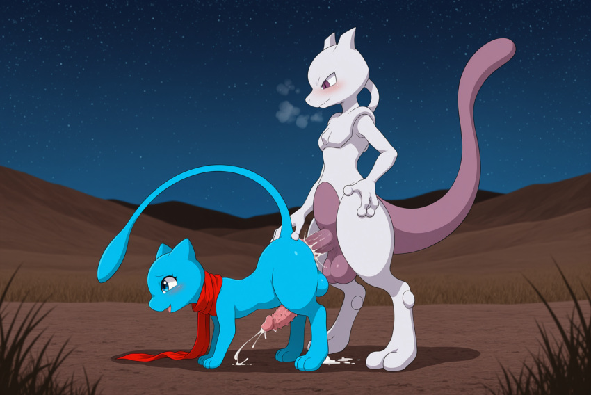 2_toes 3_fingers 3_toes absurd_res ai_generated all_fours anal anal_penetration anthro anthro_on_feral anthro_penetrating anthro_penetrating_feral ass balls bestiality big_balls big_penis big_tail blue_body blue_eyes blush blush_lines bodily_fluids breath cum cum_in_ass cum_inside cum_on_body cum_on_butt cum_on_ground cum_on_penis duo eyebrows eyelashes feet felid feline feral feral_penetrated fingers generation_1_pokemon genital_fluids genitals grey_body hand_on_butt hand_on_hip high_res huge_balls huge_penis legendary_pokemon long_tail looking_at_another looking_at_partner male male/male male_penetrated male_penetrating male_penetrating_male mammal mew_(pokemon) mewtwo night nintendo open_mouth open_smile paws penetration penile penile_penetration penile_spines penis penis_in_ass plains pokemon pokemon_(species) purple_body purple_eyes red_scarf scarf sex shiny_pokemon size_difference smaller_penetrated smile smiling_at_partner standing star tail toes yiff_ai_(director)