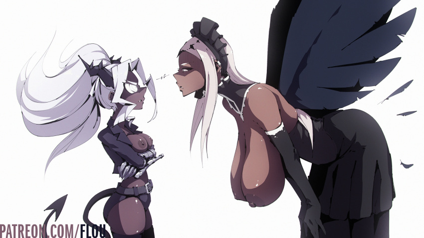 16:9_aspect_ratio 1girl 2_girls areola artist_name bangs black_horns black_sclera breast_hold breasts clavicle clawed_gauntlets clothing colored_sclera colored_skin crossed_arms dark-skinned_female dark_areolae dark_nipples dark_skin demon_girl demon_horns demon_tail ear_piercing eyelashes flou forehead grey_eyes grey_skin hanging_breasts headdress headwear helltaker high_resolution horns huge_breasts judgement_(helltaker) long_hair looking_at_another maid_headdress multiple_girls nipples original parted_bangs patreon_username piercing sidelocks silver_hair stella_(flou) tail watermark web_address white_eyes white_hair