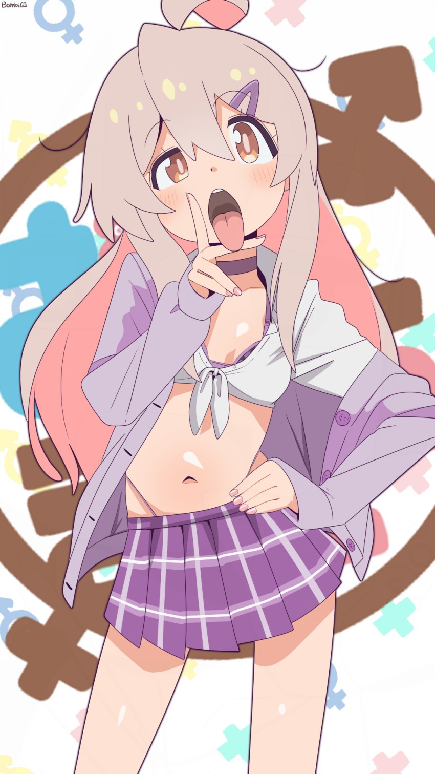 1girl 1girl ahoge amesuku_gyaru bambi2000line bra bra_peek breasts cardigan choker cunnilingus_gesture groin gyaru hand_on_own_hip high_res kogal long_hair mars_symbol navel onii-chan_wa_oshimai! open_cardigan open_clothes oyama_mahiro pink_bra pleated_skirt school_uniform shirt skirt small_breasts stomach tied_shirt tongue tongue_out unbuttoned unbuttoned_shirt underwear uneven_eyes venus_symbol