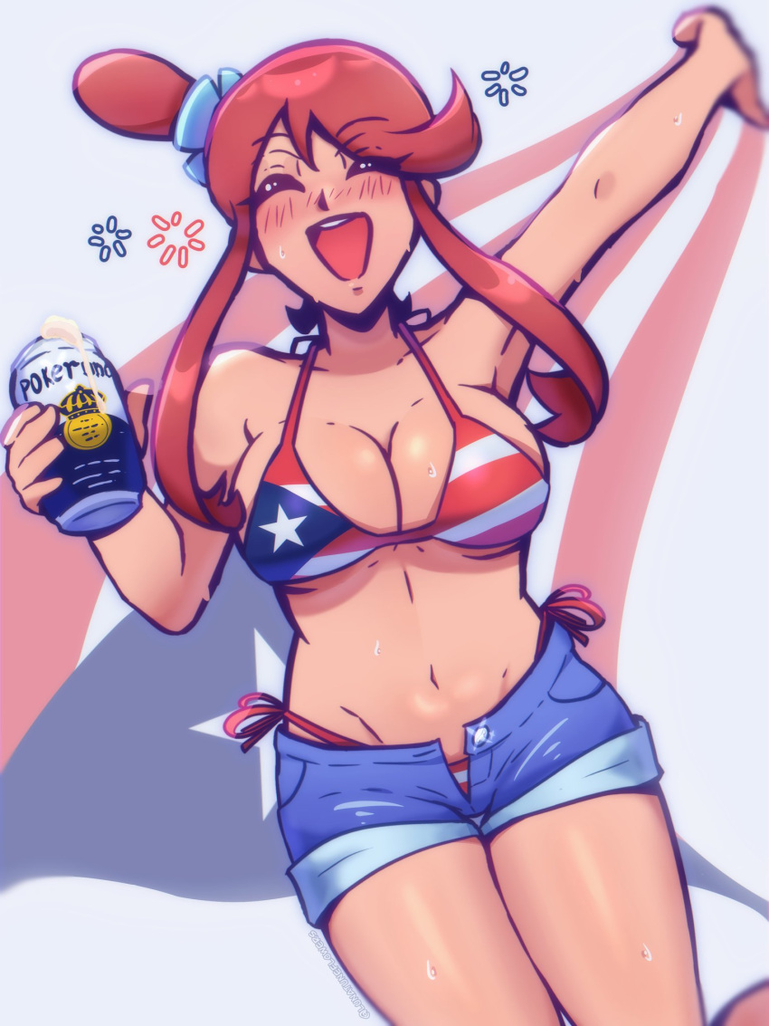 1girl american_flag american_flag_bikini american_flag_print big_breasts bikini blue_shorts blush breasts can closed_eyes commentary denim denim_shorts drunk flag_print flag_print_bikini fourth_of_july high_res holding holding_can lunatuneflowers one_side_up open_mouth pokemon pokemon_black_and_white print_bikini puerto_rican puerto_rican_flag red_hair short_hair_with_long_locks short_shorts shorts sidelocks skyla_(pokemon) smile sweat swept_bangs swimsuit twitter