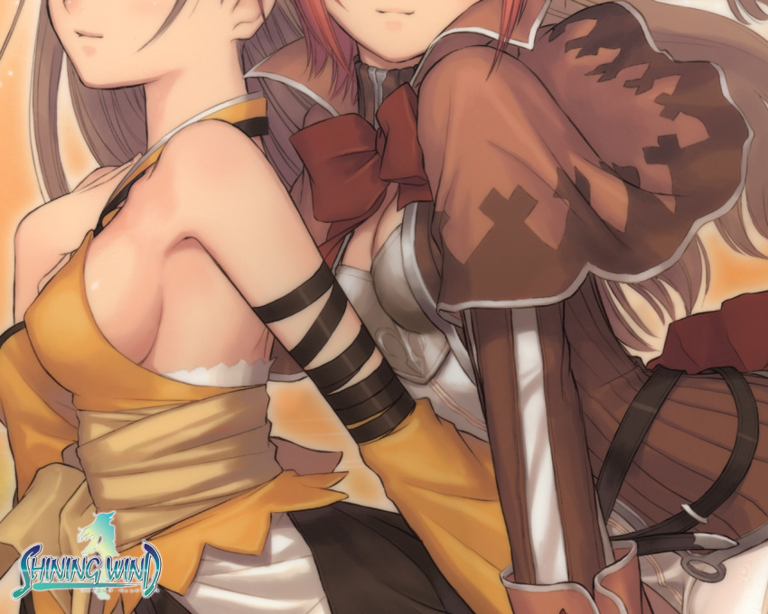 2girls armpits belt bow breasts brown_hair cape cleavage collarbone detached_sleeves long_hair multiple_girls red_hair seena_kanon sega shining_(series) shining_wind short_hair sideboob smile taka_tony taka_tony_(artist) takayuki_tanaka takayuki_tanaka_(artist) tanaka_takayuki tanaka_takayuki_(artist) tony_taka tony_taka_(artist) touka_kureha wallpaper