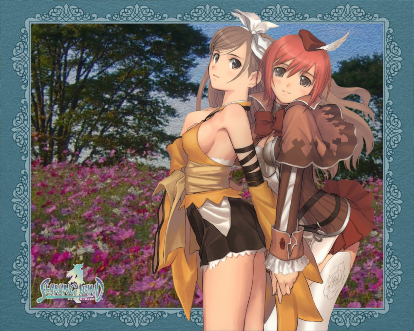 2girls blush breasts brown_eyes brown_hair cleavage detached_sleeves flower grey_eyes hair_ribbon hand_holding hat holding_hands long_hair multiple_girls nature red_hair ribbon seena_kanon sega shining_(series) shining_wind short_hair sideboob skirt smile taka_tony taka_tony_(artist) takayuki_tanaka takayuki_tanaka_(artist) tanaka_takayuki tanaka_takayuki_(artist) thighhighs thighs tony_taka tony_taka_(artist) touka_kureha wallpaper white_legwear white_thighhighs