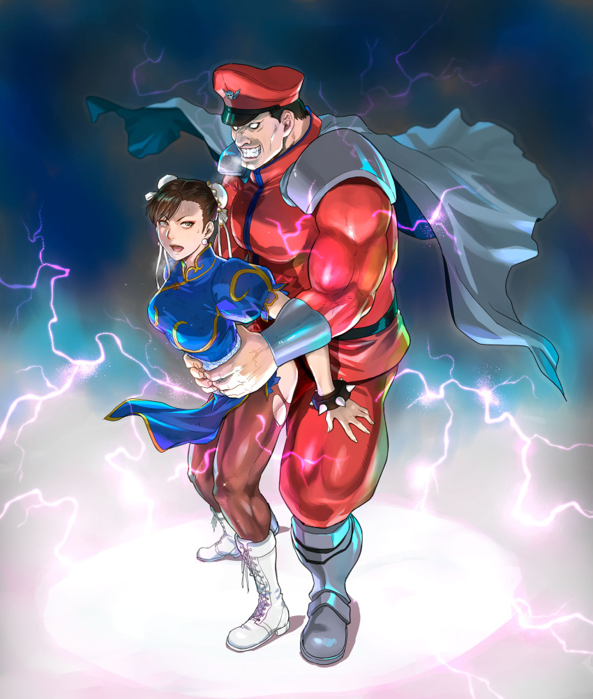 1boy 1girl ambiguous_penetration anal_penetration armor asian asian_female azasuke biceps big_breasts blank_eyes blue_dress boots bracelet breasts brown_eyes brown_hair bun_cover capcom cape china_dress chinese_clothes chun-li clothed_female clothed_male clothed_sex double_bun dress earrings electricity from_side grey_cape grin hair_bun hetero highres interracial jewelry m_bison muscular muscular_male open_mouth pants pantyhose pauldrons pelvic_curtain puffy_short_sleeves puffy_sleeves rape red_pants red_shirt sex sex_from_behind shirt short_sleeves shoulder_armor smile spiked_bracelet spikes standing standing_sex street_fighter street_fighter_zero_(series) torn_clothes torn_legwear torn_pantyhose torso_grab white_footwear