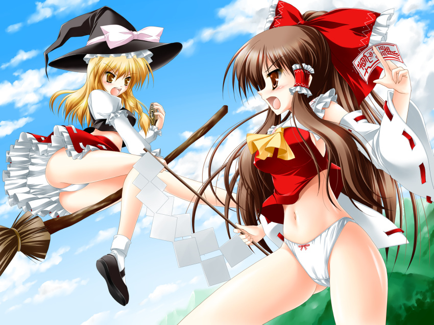 1600x1200 2girls ba_gua battle blonde_hair bottomless bow broom brown_eyes brown_hair cameltoe female gohei hair_bow hakurei_reimu hat highres kamiya_tomoe kirisame_marisa long_hair midriff mini-hakkero multiple_girls no_pants ofuda panties pantyshot red_eyes skirt touhou trigram underwear upskirt wallpaper witch witch_hat