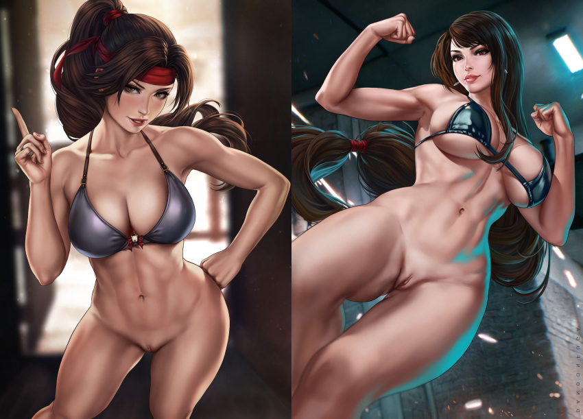 2_girls alluring athletic_female bare_legs bikini dandon_fuga female_abs final_fantasy final_fantasy_vii_remake fit_female jessie_rasberry naked_from_the_waist_down pin_up pussy square_enix tifa_lockhart