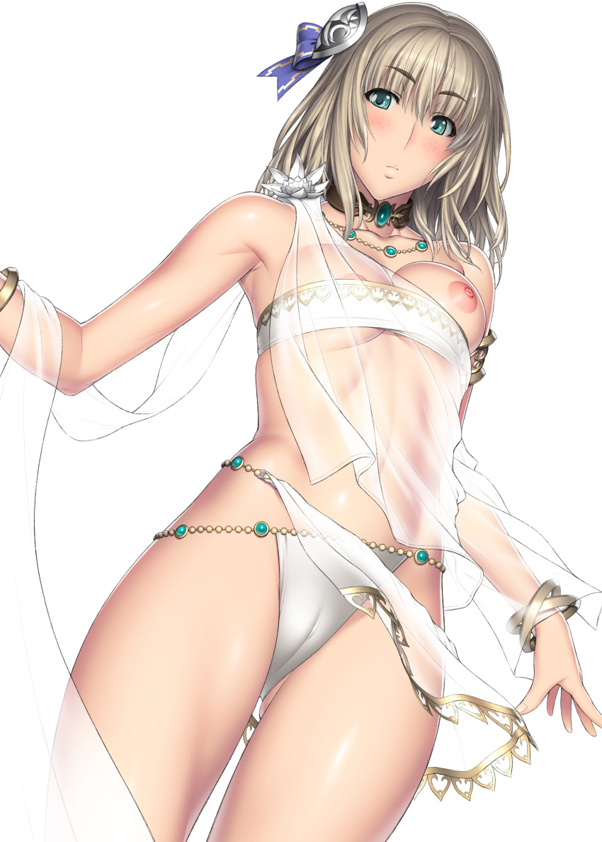 1girl absurd_res alluring armpits bare_shoulders blush bracelet breasts cameltoe cosplay elysium elysium_(cosplay) freckles green_eyes grey_hair high_res jewelry kansuke looking_at_viewer lots_of_jewelry necklace pyrrha_alexandra see-through simple_background soul_calibur soul_calibur_v standing white_background