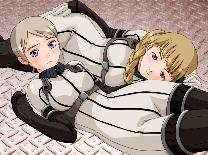 1280x960 2girls alister_agrew alistia_agrew blonde_hair blue_eyes bob_cut buzzer count_zero flightsuit last_exile long_hair lying multiple_girls pilot_suit pilotsuit red_eyes short_hair silver_hair tatiana_vizla tatiana_wisla thighhighs uniform yuri