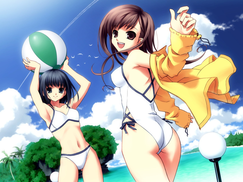 2girls arms_up ass ball beach beachball bikini black_hair blue_eyes blue_hair brown_eyes brown_hair cloud clouds grey_eyes hentai highres hiroyama_hiroshi jacket madamu_nyuudou maria-sama_ga_miteru multiple_girls nijou_noriko ocean open_mouth sky smile summer swimsuit toudou_shimako water