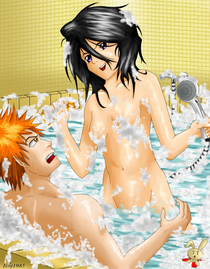 1boy 1girl bath bathing black_hair bleach blue_eyes censored convenient_censoring highres hose kuchiki_rukia kurosaki_ichigo mixed_bathing nude open_mouth orange_hair rukia_kuchiki short_hair smile soap_bubbles stuffed_animal stuffed_bunny stuffed_toy tube wet yellow_eyes