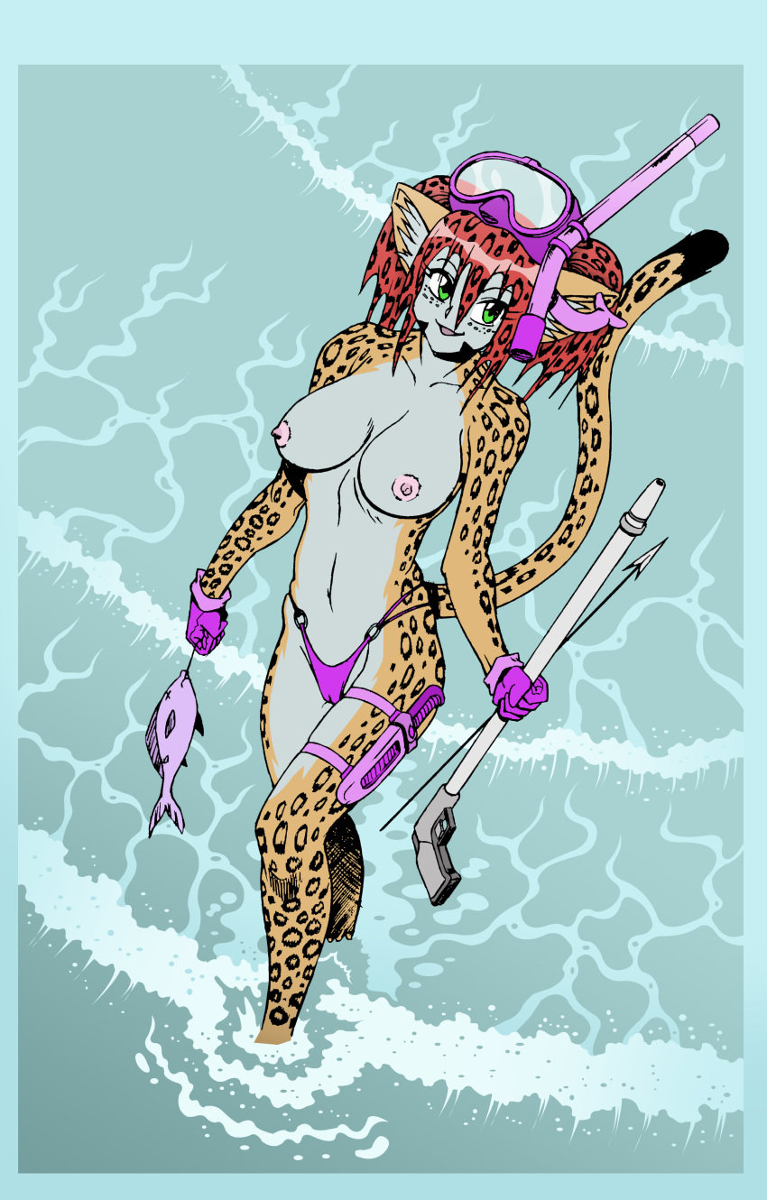 1girl akiradevilman bikini breasts catgirl fins freckles furry jaguar mask mouth_piece nude_female ran regulator scuba sea sexual tank